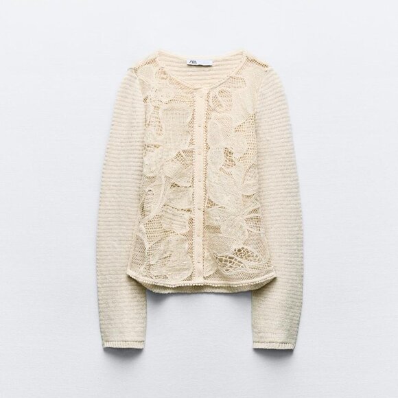 BNWT ZARA COMBINATION KNIT CARDIGAN LONG SLEEVES OFF WHITE/BEIGE MEDIUM - Picture 6 of 11